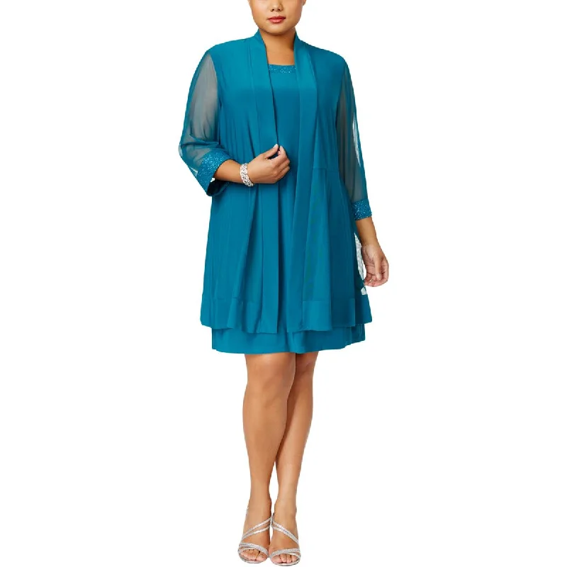 Women's Evening Outfit R&M Richards Womens Plus 2PC Mesh Inset Dress With Jacket