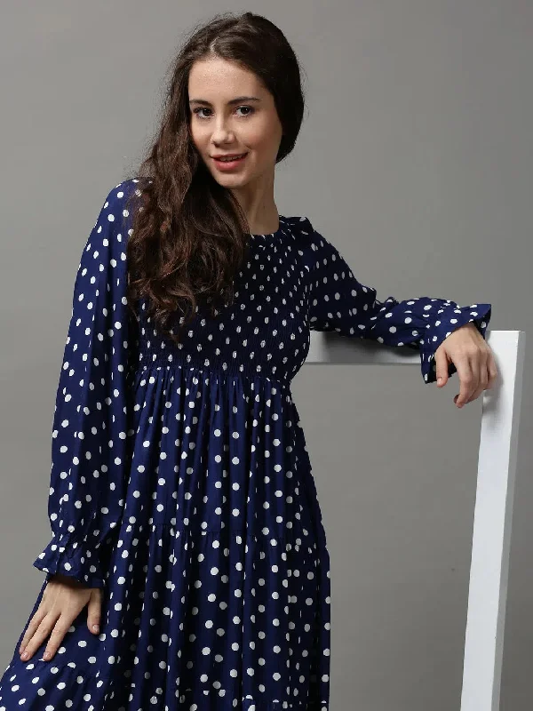 Women's Transitional Garments Women's Blue Printed Fit and Flare Dress-ON-526-Navyblue