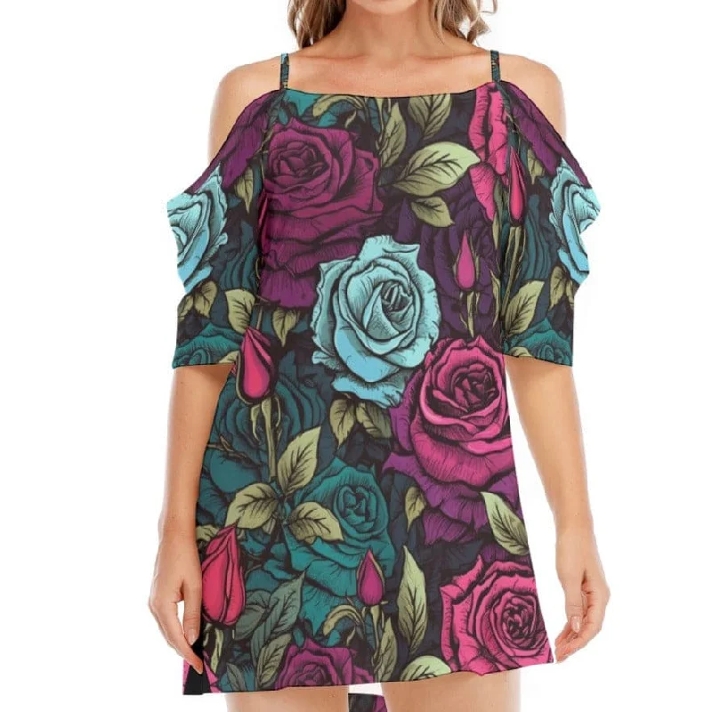 Women's Seasonal Wardrobe Clothing Women's Gothic Pink & Blue Flowers Off-shoulder Dress