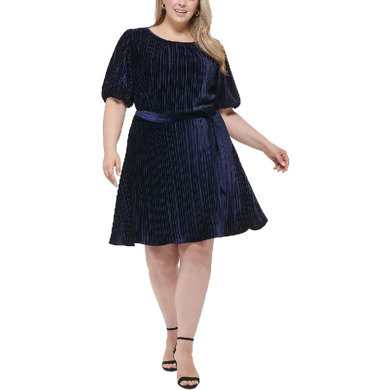 Women's Clothing For Holiday Travel DKNY Womens Plus Pleated Knee Length Fit & Flare Dress