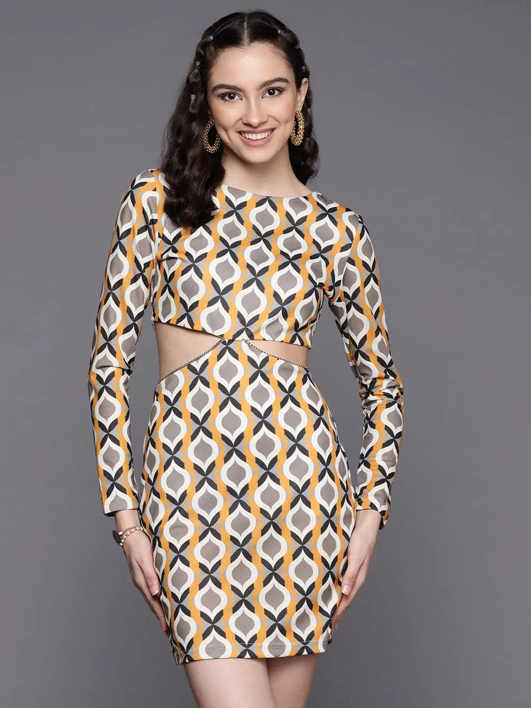 Holiday Gift Guide Sale Women Mustard Geometric Side Cut Out Dress