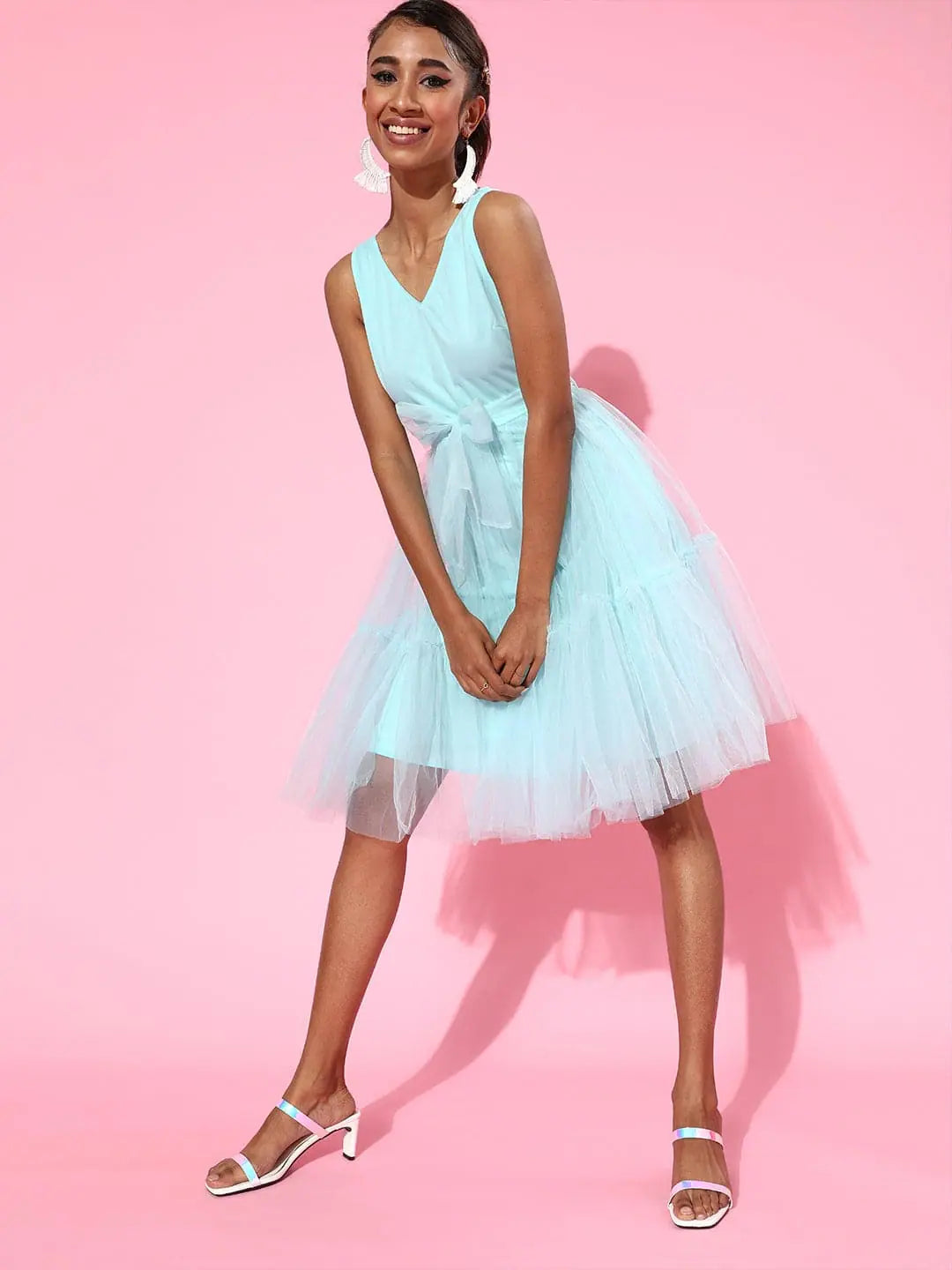 Unique Women's Fashion Pieces Sea Green V-Neck Tulle Belted Dress