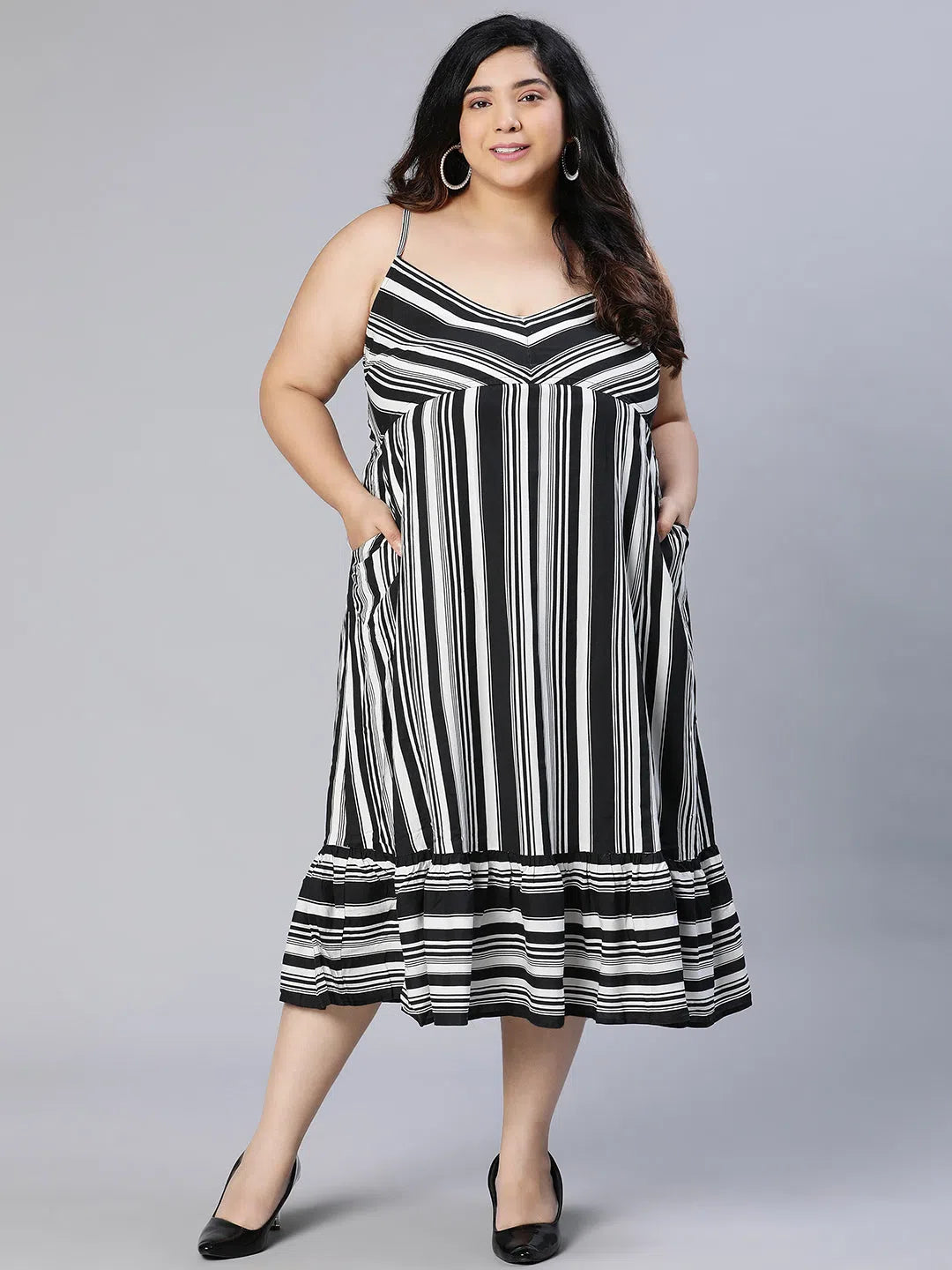 Women's Seasonal Clothing Plus Black Stripe Viscose Print Shoulder Stape Dress-S23010PDR001