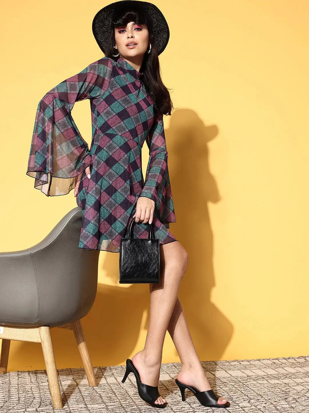 Women's Clothing For Outdoor Activities Women Burgundy Geo Bell Sleeves Mesh Net Dress
