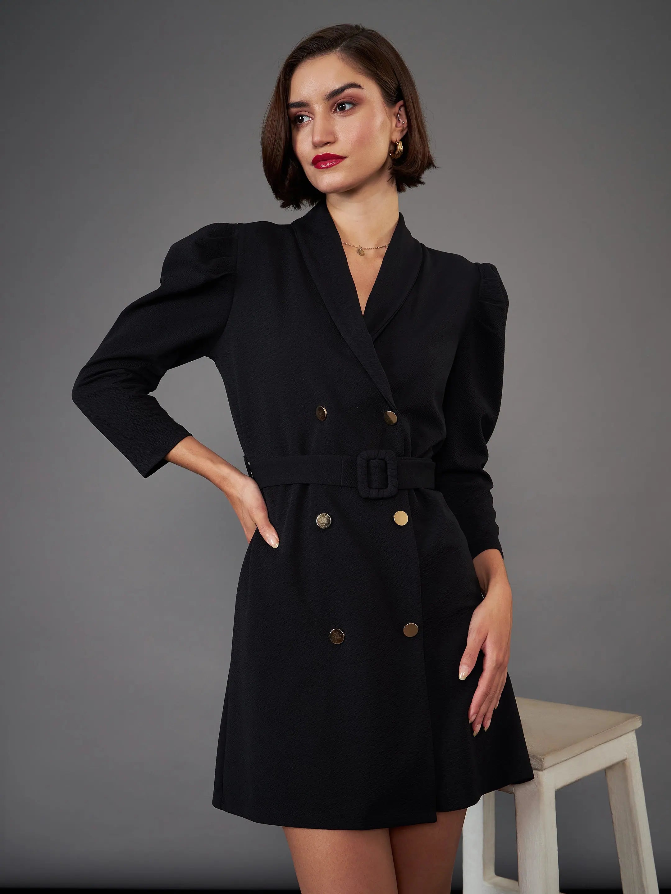 Seasonal Women's Fashion Trends Women Black Puff Sleeves Blazer Dress