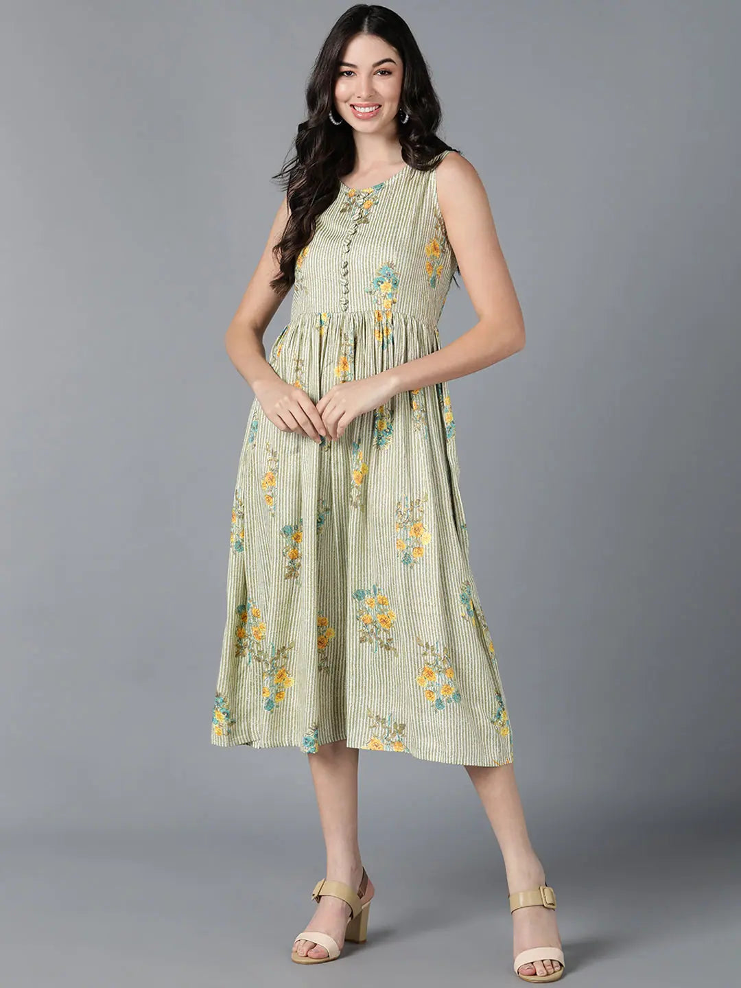 Women Apparel Ahika Women White Cotton Striped Dresses