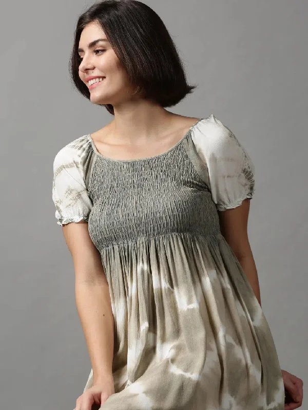 Women's Holiday Clothing Women's Beige Tie Dye Fit and Flare Dress-ON-574-Beige