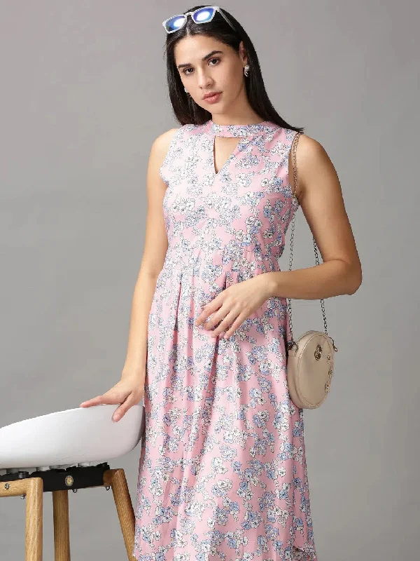 Extreme Clearance Deals Women's Pink Printed A-Line Dress-AE-15709-Pink