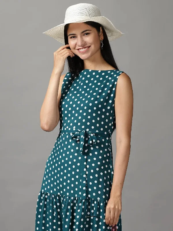 Women's Cozy Outfit For Lounging Women's Green Polka Dots Fit and Flare Dress-AE-15700-Green