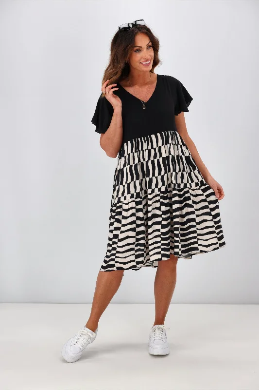 Modern Women's Outfit Sunday Boho Amelia Dress Swirl Print Black Beige