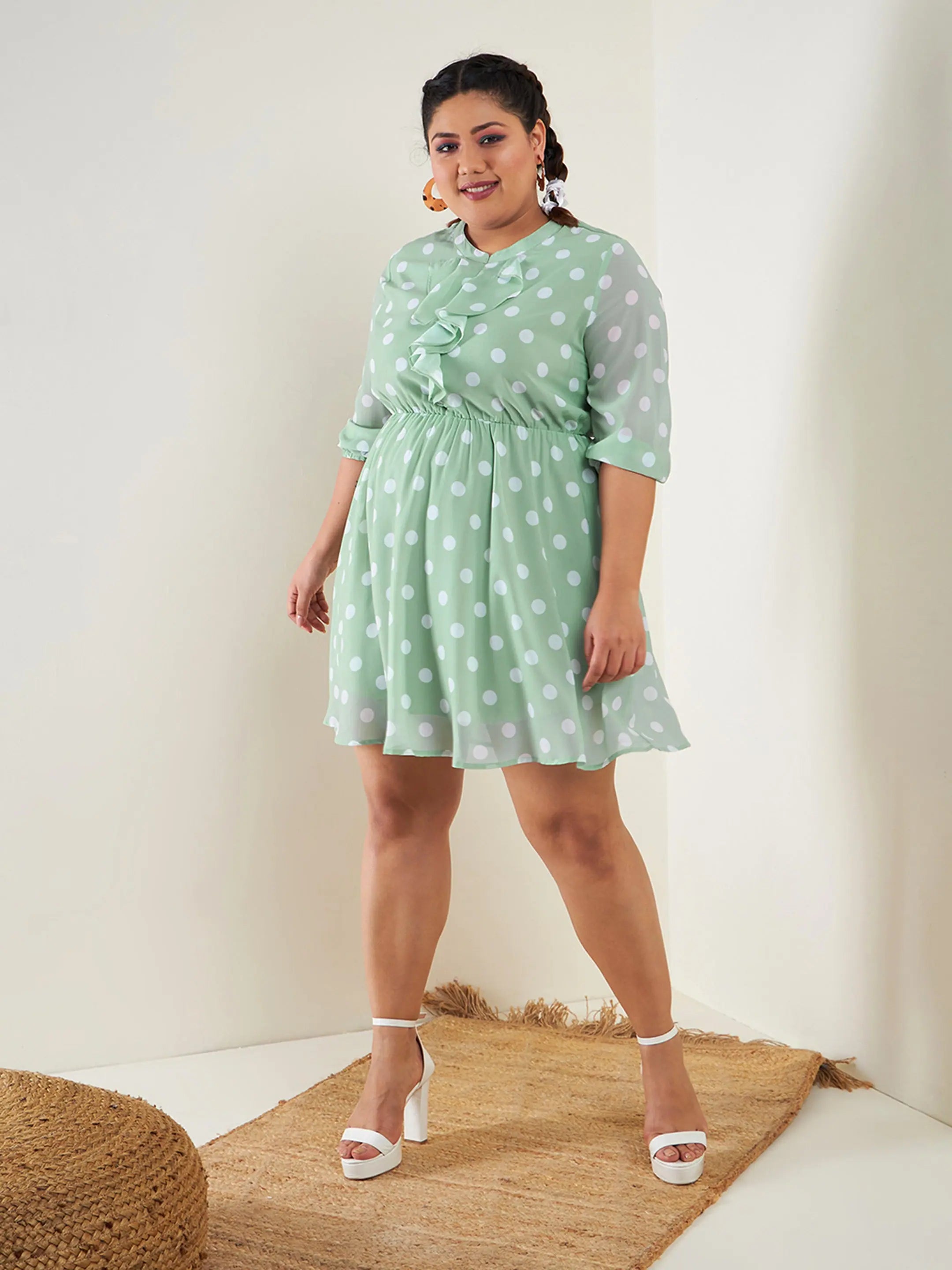 Women's Holiday Clothing Women Sea Green Polka Dot Fit & Flare Ruffle Dress
