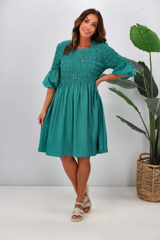 High-End Women's Apparel Gloss by Shine On Bowie Shirred Bodice Dress Turquoise