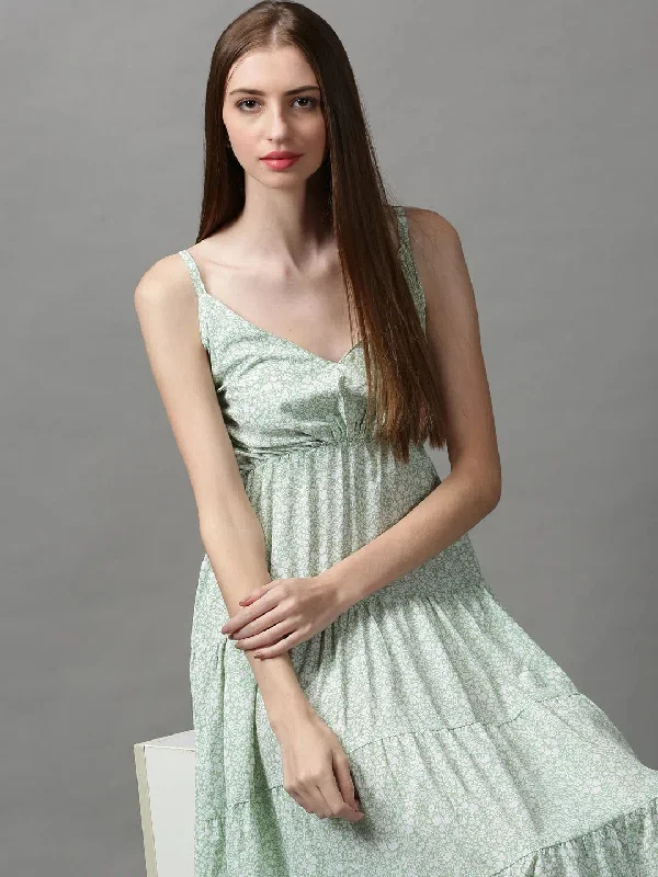 Women's Office Clothing Women's Green Printed Fit and Flare Dress-AE-15667-Green
