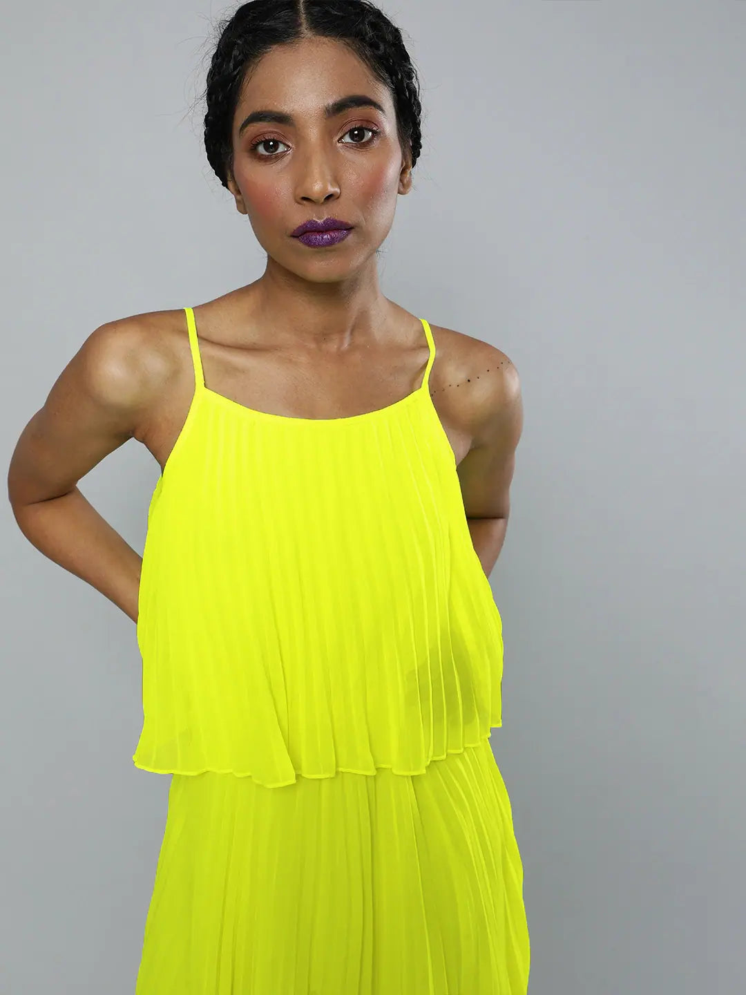 Best Online Boutiques For Women Neon Green Pleated Strappy Skater Dress