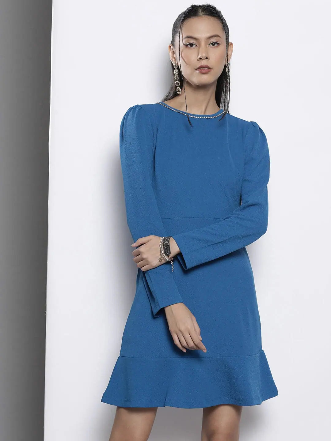 Women's Clothing Boutique Women Blue Frill Hem Knit Dress