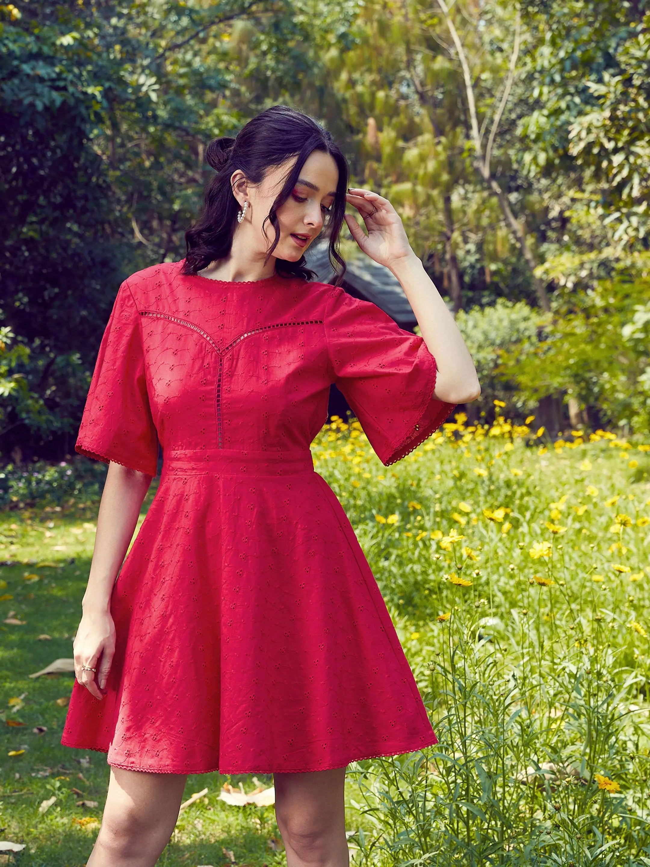Women's Clothing Outfit Set Women Red Schiffli Flared Sleeves Short Dress