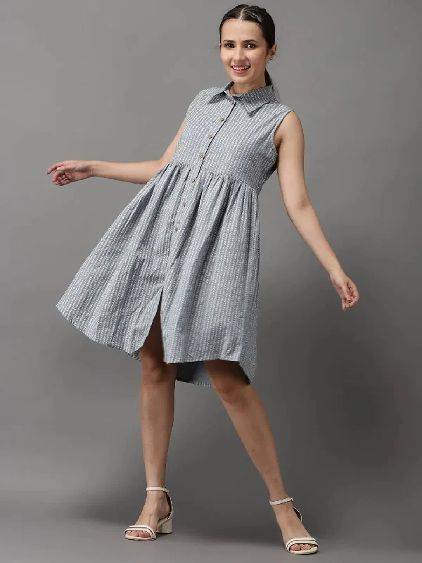 Women's Outerwear for All Weather Conditions Women's Grey Printed A-Line Dress-SKF-166-Grey
