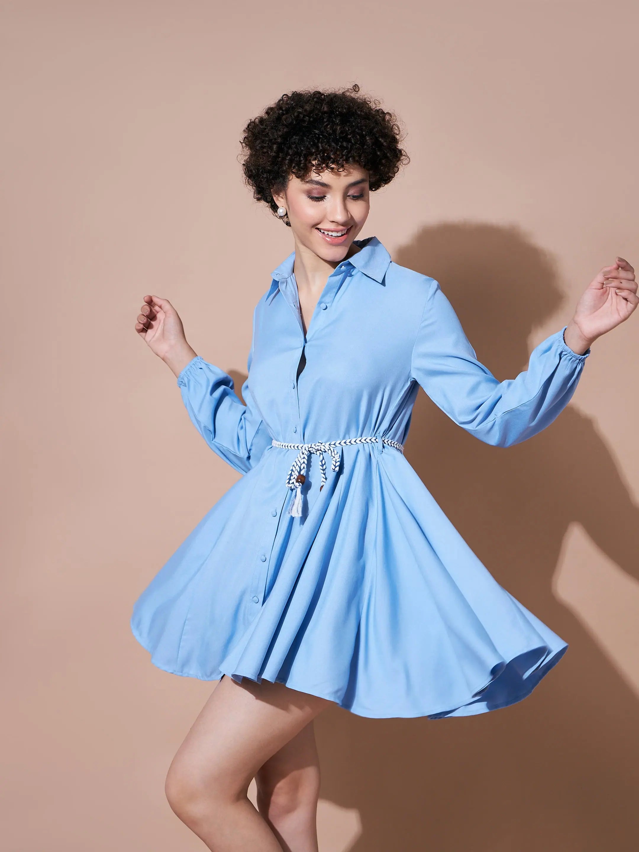 Women's Resort Garments Women Blue Belted Flared Skater Dress