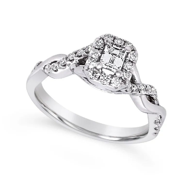 Delicate Crystal Jewelry For Sophisticated Charm Emerald Cut Diamond Halo and Crossover Design Engagement Ring Delicate Crystal Jewelry For Sophisticated Charm Emerald Cut Diamond Halo and Crossover Design Engagement Ring
