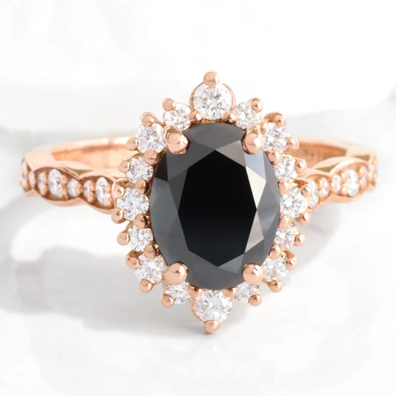 Seasonal Jewelry Deals – Elevate Your Style Large Oval Black Diamond Ring in Tiara Halo Diamond Scalloped Band Seasonal Jewelry Deals – Elevate Your Style Large Oval Black Diamond Ring in Tiara Halo Diamond Scalloped Band