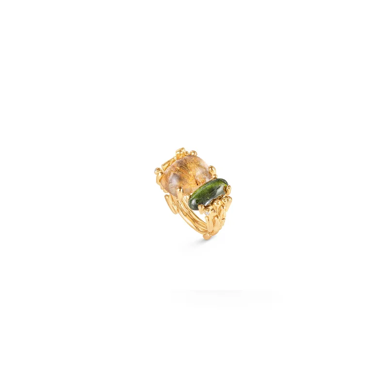 Timeless Elegance At Unbelievable Discounts BoHo Double 18K Gold Ring w. Diamond, Turquoise & Rutile Quartz Timeless Elegance At Unbelievable Discounts BoHo Double 18K Gold Ring w. Diamond, Turquoise & Rutile Quartz