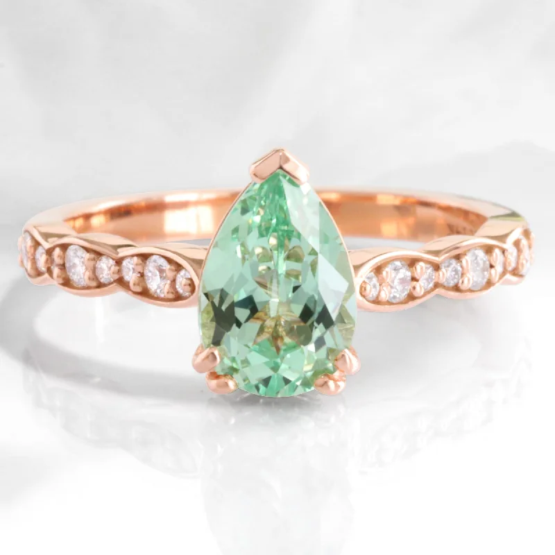 Unmissable Jewelry Clearance – Final Reductions Pear Seafoam Green Sapphire Ring in Grace Solitaire Diamond Scalloped Band Unmissable Jewelry Clearance – Final Reductions Pear Seafoam Green Sapphire Ring in Grace Solitaire Diamond Scalloped Band