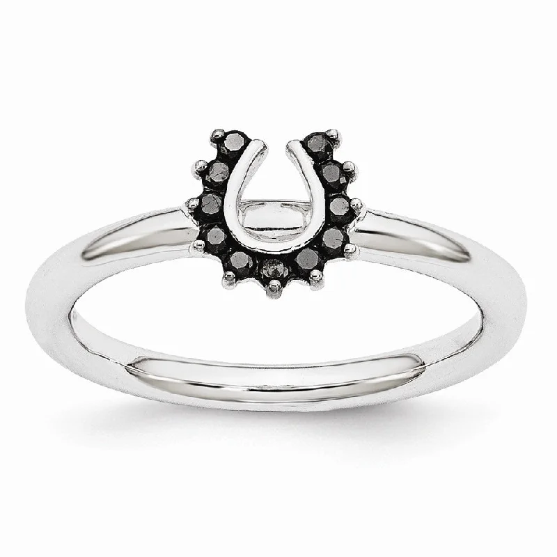 Bohemian-Inspired Jewelry For Free-Spirited Fashion Rhodium Sterling Silver .11 Ctw Black Diamond 7mm Horseshoe Stack Ring