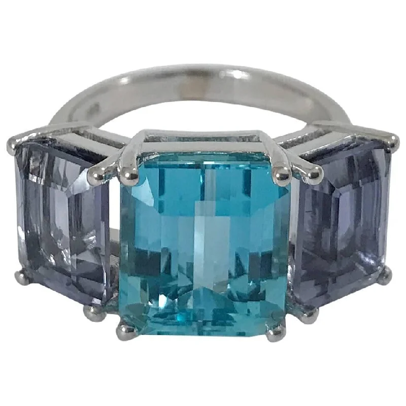 Waterproof Stainless Steel Jewelry For Lasting Beauty 18kt White Gold Three Stone Emerald Cut Ring with Blue Topaz and Iolite