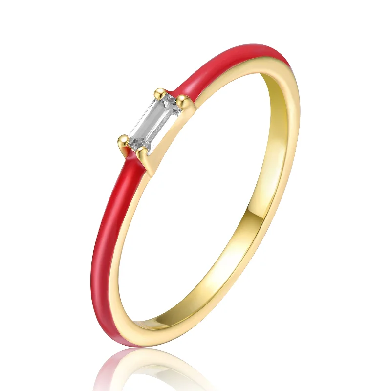 Luxury Jewelry Now At Special Promotional Rates Sterling Silver 14k Yellow Gold Plated with Cubic Zirconia Baguette Solitaire Magenta-Red Enamel Slim Stacking Ring Luxury Jewelry Now At Special Promotional Rates Sterling Silver 14k Yellow Gold Plated with Cubic Zirconia Baguette Solitaire Magenta-Red Enamel Slim Stacking Ring