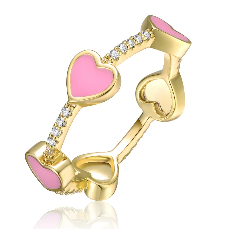 Elegant Rose Gold Jewelry For A Stylish Touch Sterling Silver 14k Yellow Gold Plated with Cubic Zirconia Pink Enamel Heart Stacking Ring Elegant Rose Gold Jewelry For A Stylish Touch Sterling Silver 14k Yellow Gold Plated with Cubic Zirconia Pink Enamel Heart Stacking Ring