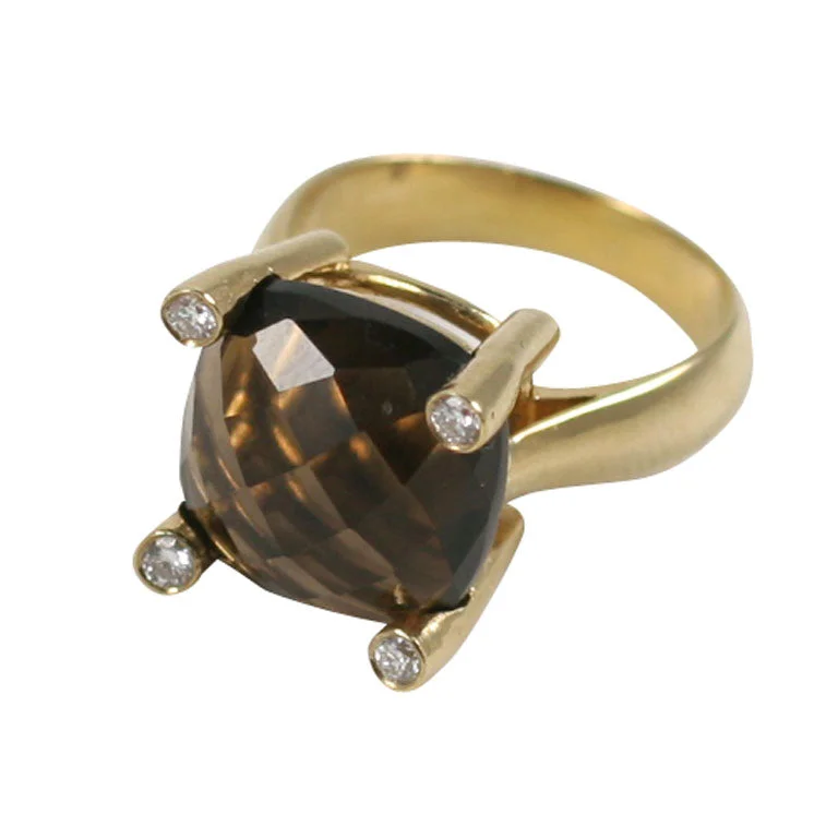 Premium Diamond Jewelry At Once-In-A-Lifetime Discounts 18kt Yellow Gold faceted Cushion Ring with Smoky Topaz and Diamonds Premium Diamond Jewelry At Once-In-A-Lifetime Discounts 18kt Yellow Gold faceted Cushion Ring with Smoky Topaz and Diamonds