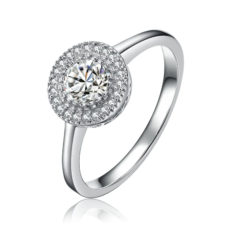 Dainty Floral Jewelry For Feminine Elegance Sterling Silver Cubic Zirconia Round Halo Ring Dainty Floral Jewelry For Feminine Elegance Sterling Silver Cubic Zirconia Round Halo Ring