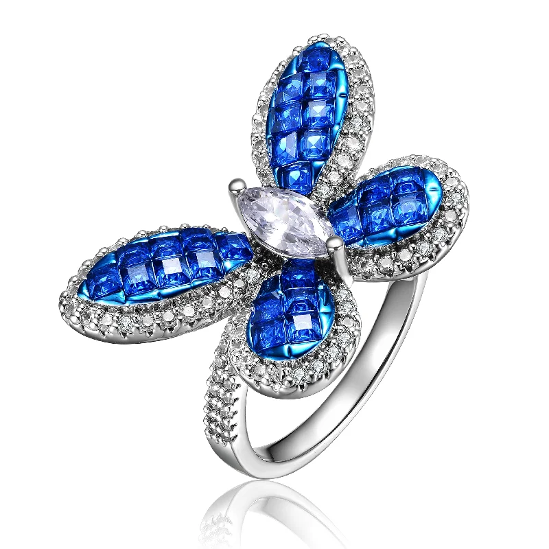 Romantic Heart-Shaped Jewelry For Special Gifts Sterling Silver with Rhodium Plated and Sapphire Cubic Zirconia Butterfly Ring Romantic Heart-Shaped Jewelry For Special Gifts Sterling Silver with Rhodium Plated and Sapphire Cubic Zirconia Butterfly Ring