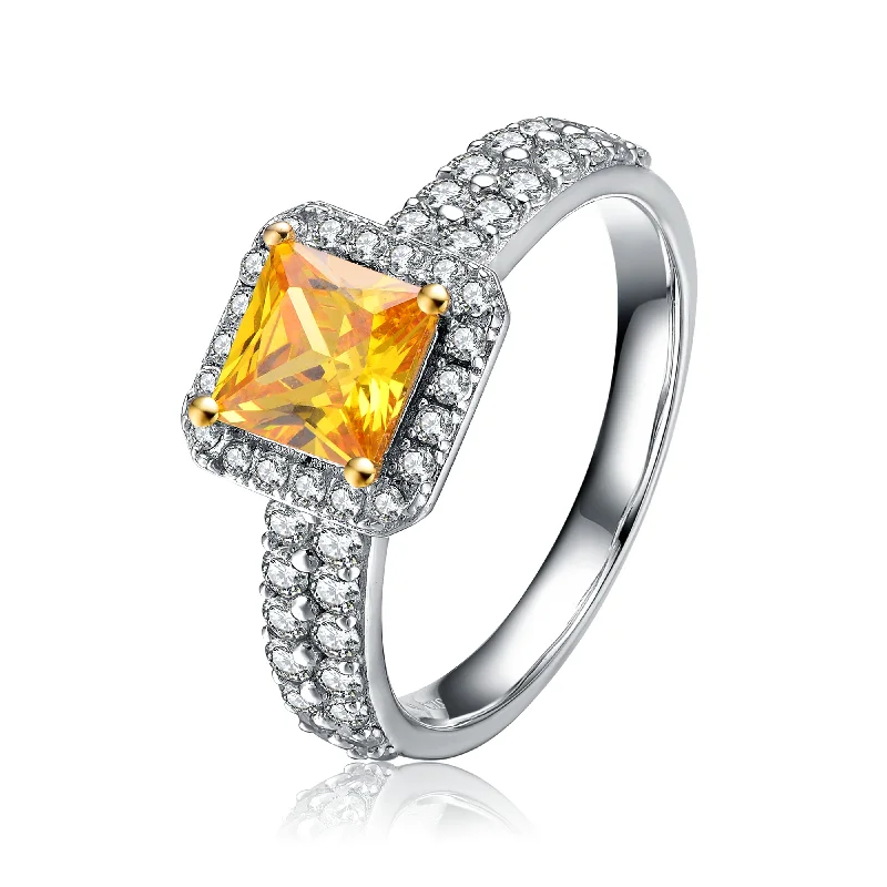 Elegant Jewelry, Affordable Luxury – Shop Now Sterling Silver Yellow Cubic Zirconia Brilliant Cut Halo Ring (Double Band)