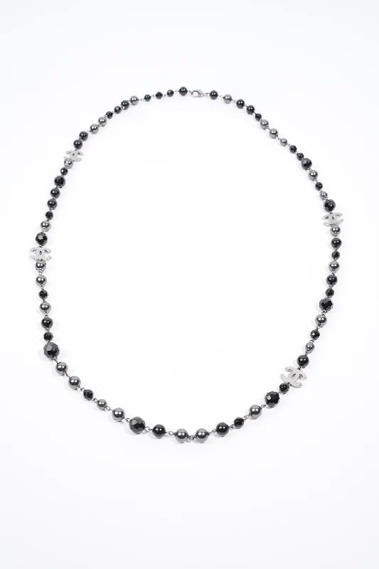 Exclusive Jewelry Offers – Shine For Less Chanel Long Faux Pearl & Resin CC Bead Necklace Black / Dark Silver Resin