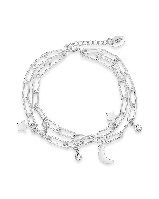 Premium Jewelry Now Available At Special Discounts CZ, Moon, & Star Double Chain Bracelet Premium Jewelry Now Available At Special Discounts CZ, Moon, & Star Double Chain Bracelet