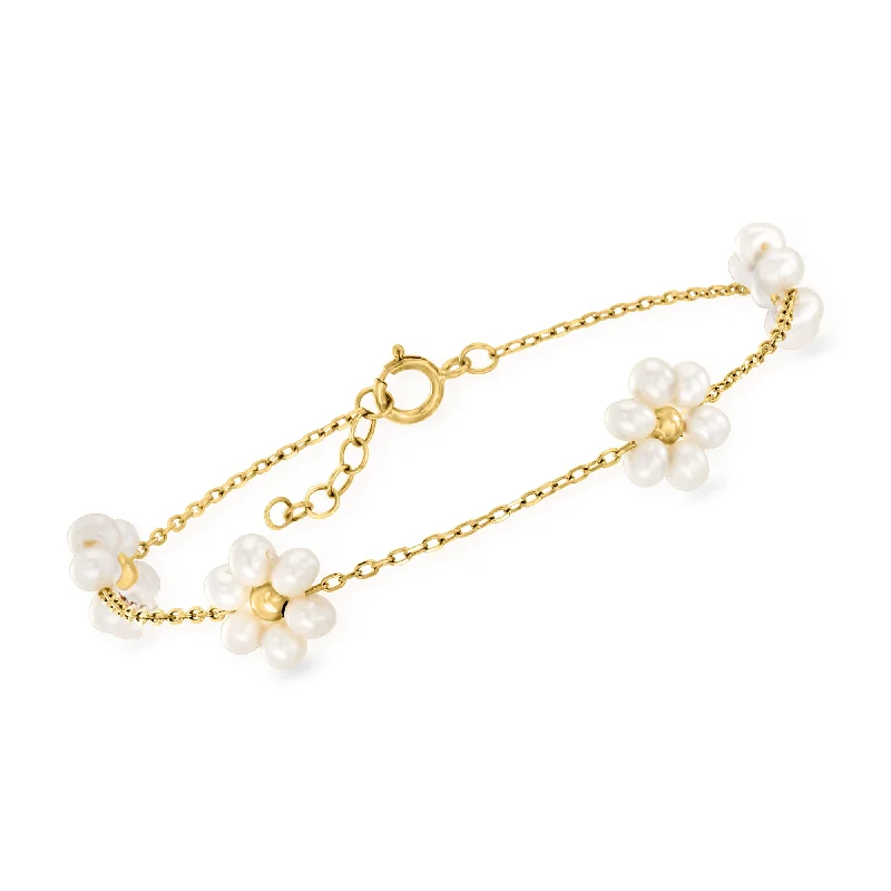 Shop Jewelry That Shines Without The High Price Ross-Simons 3-3.5mm Cultured Pearl Flower Bracelet in 14kt Yellow Gold Shop Jewelry That Shines Without The High Price Ross-Simons 3-3.5mm Cultured Pearl Flower Bracelet in 14kt Yellow Gold