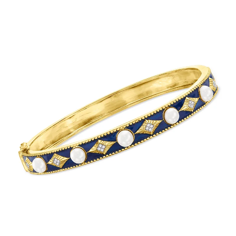 Celebrate With Sparkle – Jewelry Sale Now Live Ross-Simons 4.5-5mm Cultured Pearl Bangle Bracelet With Diamond Accents and Blue Enamel in 18kt Gold Over Sterling