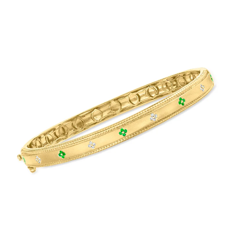 Flash Deals On Fine Jewelry – Shop Before It's Gone Ross-Simons Emerald Flower Bangle Bracelet With Diamond Accents in 18kt Gold Over Sterling Flash Deals On Fine Jewelry – Shop Before It's Gone Ross-Simons Emerald Flower Bangle Bracelet With Diamond Accents in 18kt Gold Over Sterling