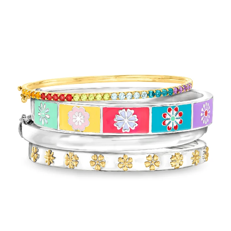 Shine Bright With Our Special Jewelry Promotions Ross-Simons "Flower Power Stack" Set Of 4 Bangle Bracelets in 2-Tone Sterling Silver Shine Bright With Our Special Jewelry Promotions Ross-Simons "Flower Power Stack" Set Of 4 Bangle Bracelets in 2-Tone Sterling Silver