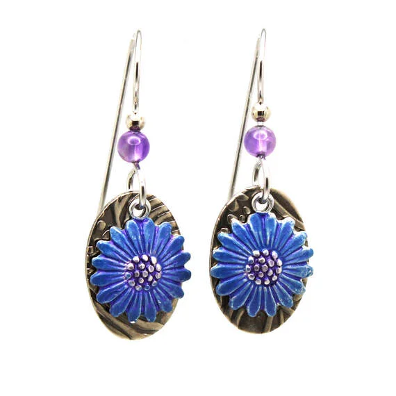 High-End Sparkle, Low-End Prices – Shop Now Silver Forest Blue Flower on Metal Oval Drop Earrings
