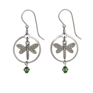 Eco-Friendly Sustainable Jewelry For Conscious Buyers Silver Forest Dragon Fly in Circle with Light Green Bead Drop Earrings Eco-Friendly Sustainable Jewelry For Conscious Buyers Silver Forest Dragon Fly in Circle with Light Green Bead Drop Earrings