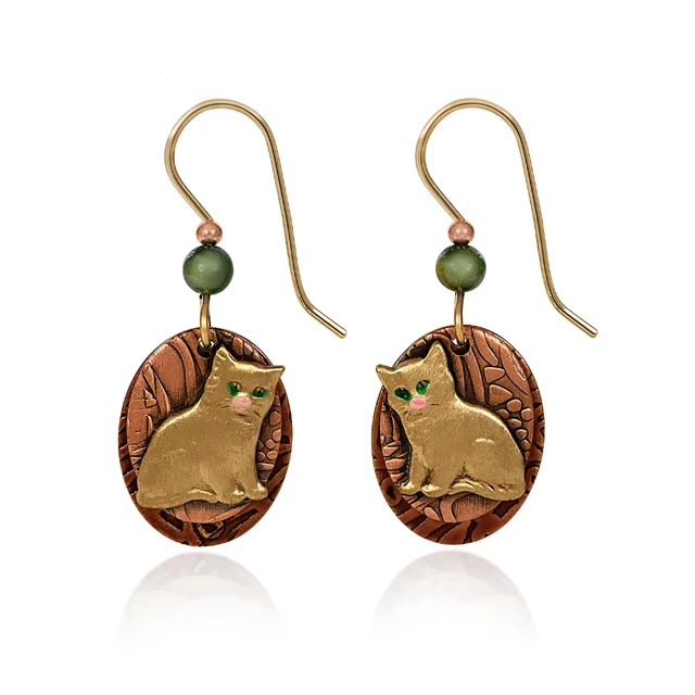 Luxury Jewelry Now At Special Promotional Rates Silver Forest Earrings Pretty Gold Kitty on Bronze Disc with Green Bead