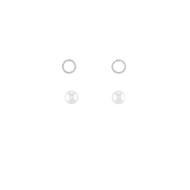 Affordable Luxury Jewelry – Style At A Great Price Silver Twisted Open Circle & Pearl Duo Pair Stud Layers Earrings Affordable Luxury Jewelry – Style At A Great Price Silver Twisted Open Circle & Pearl Duo Pair Stud Layers Earrings