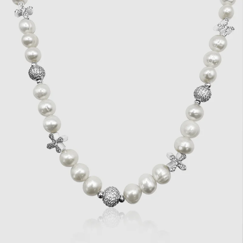 Seasonal Jewelry Deals – Elevate Your Style Iced Cross Real Pearl Necklace (Silver)