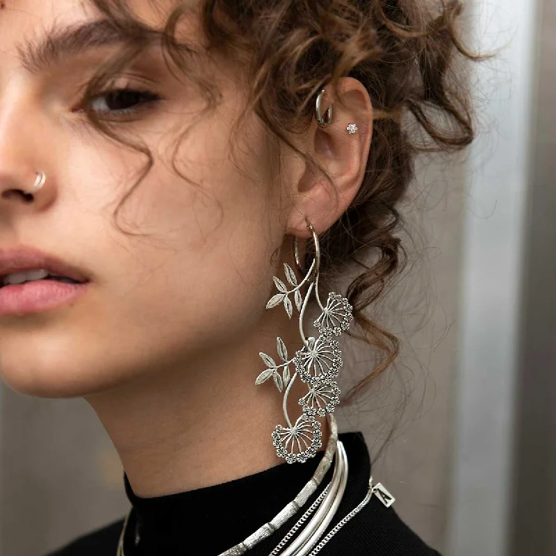 Trendy Minimalist Jewelry For Everyday Wear AELLA. Floral Drop Hoop Earrings - Silver Trendy Minimalist Jewelry For Everyday Wear AELLA. Floral Drop Hoop Earrings - Silver