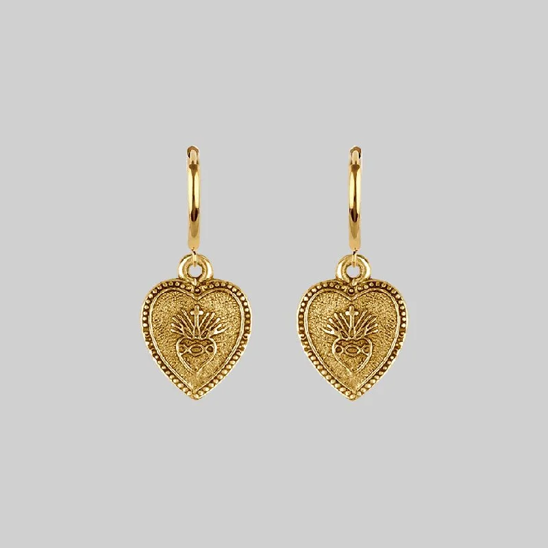 Bohemian-Inspired Jewelry For Free-Spirited Fashion ARDOUR. Sacred Heart Hoop Earrings - Gold Bohemian-Inspired Jewelry For Free-Spirited Fashion ARDOUR. Sacred Heart Hoop Earrings - Gold
