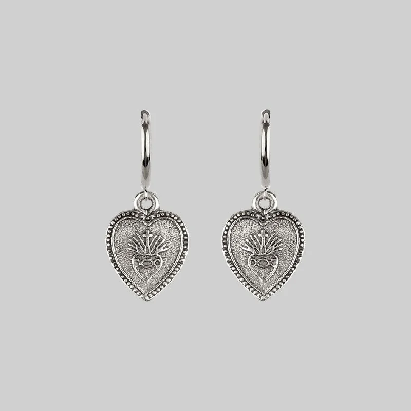 Delicate Crystal Jewelry For Sophisticated Charm ARDOUR. Sacred Heart Hoop Earrings - Silver Delicate Crystal Jewelry For Sophisticated Charm ARDOUR. Sacred Heart Hoop Earrings - Silver