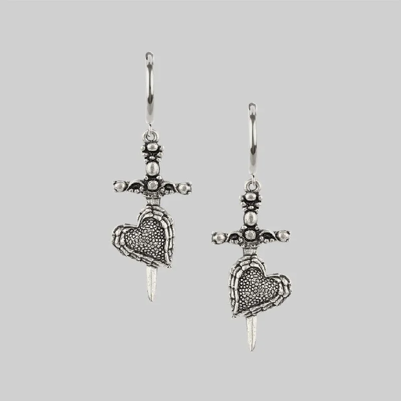 Elegant Necklaces And Bracelets At Limited-Time Offers FORBIDDEN. Heart Dagger Hoop Earrings - Silver Elegant Necklaces And Bracelets At Limited-Time Offers FORBIDDEN. Heart Dagger Hoop Earrings - Silver