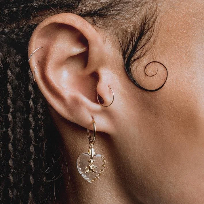 Eco-Friendly Sustainable Jewelry For Conscious Buyers MABEL. Teddy Bear Engraved Glass Heart Earrings - Gold Eco-Friendly Sustainable Jewelry For Conscious Buyers MABEL. Teddy Bear Engraved Glass Heart Earrings - Gold